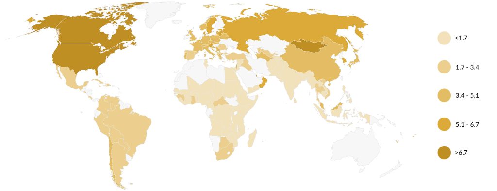 Mapa da pegada ecológica média, por pessoa, nos diferentes países